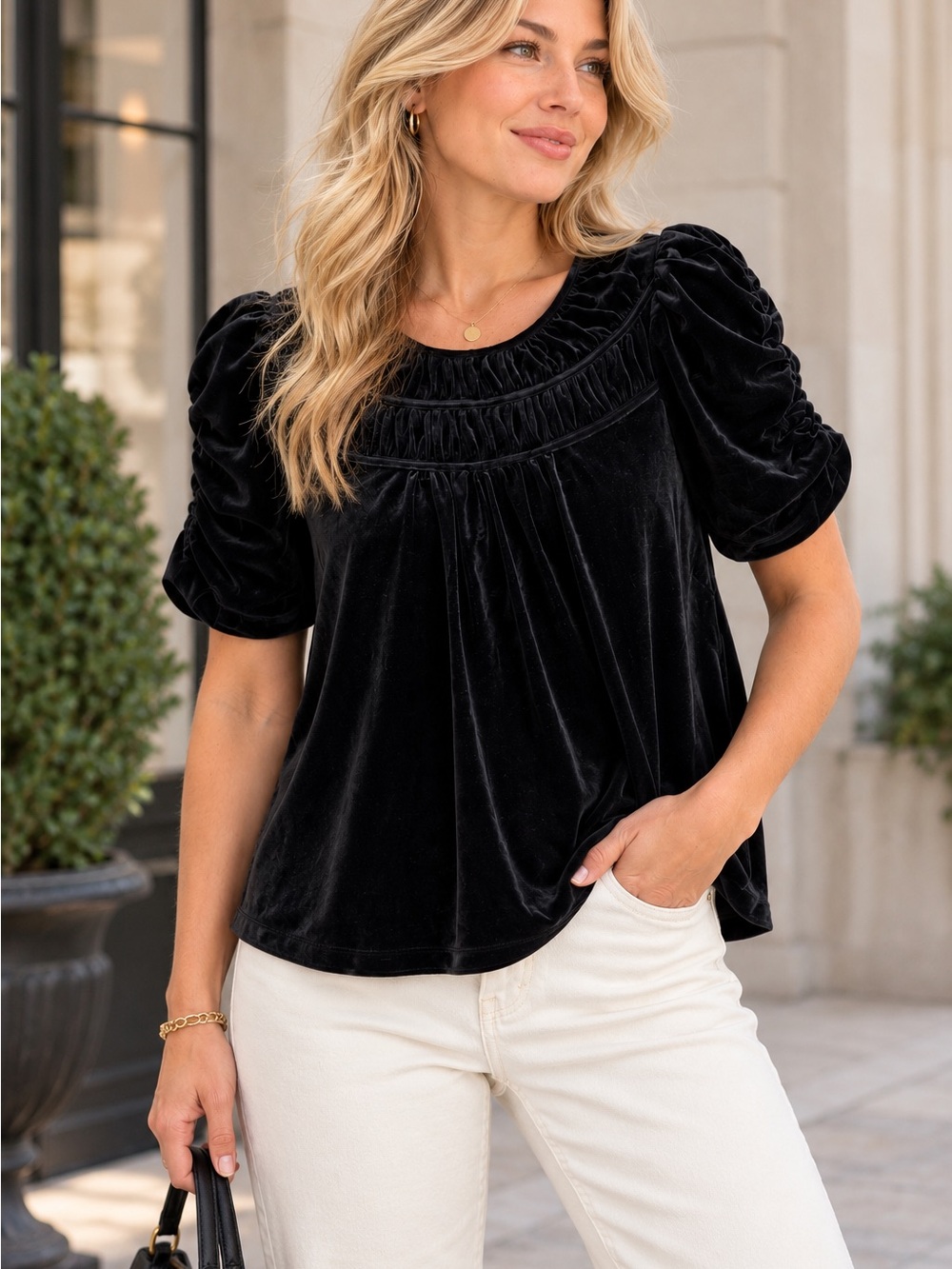 LOFT Black Velvet Puff Sleeve Top Size Large